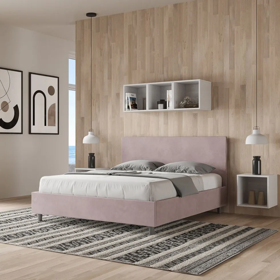 Letto 160x190cm matrimoniale contenitore con testiera imbottita in microfibra glicine lilla LIT388