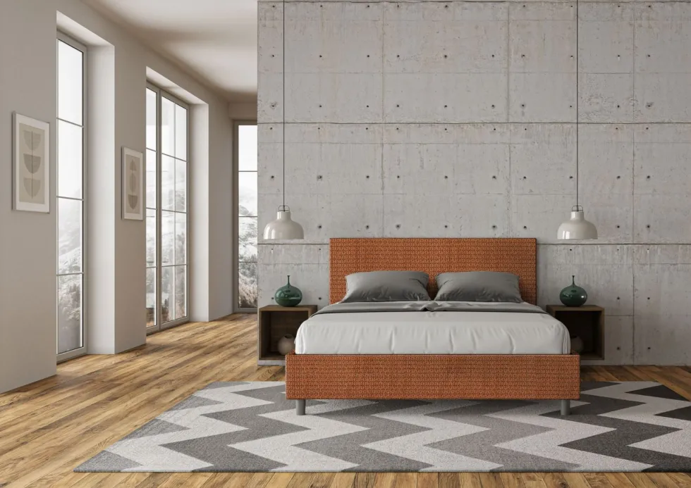Letto 160x200cm matrimoniale con testiera imbottita in tessuto arancio LIT399