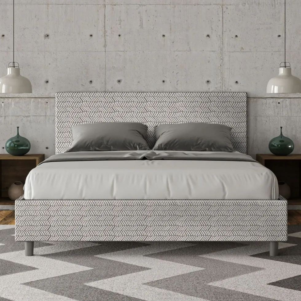 Letto 160x190cm matrimoniale con testata imbottita in tessuto bianco LIT393