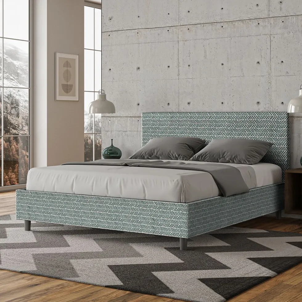 Letto 160x190cm matrimoniale con testata imbottita in tessuto azzurro LIT393