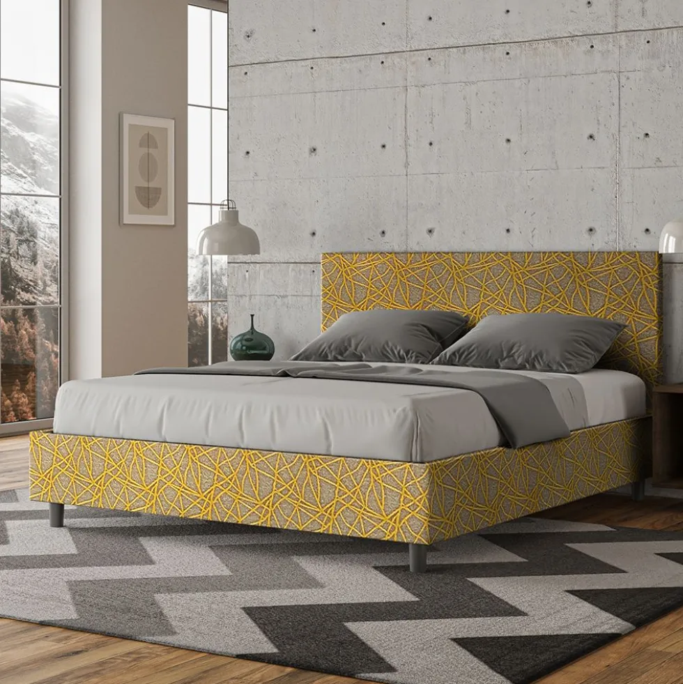 Letto 160x190cm matrimoniale con testiera imbottita in tessuto giallo LIT391