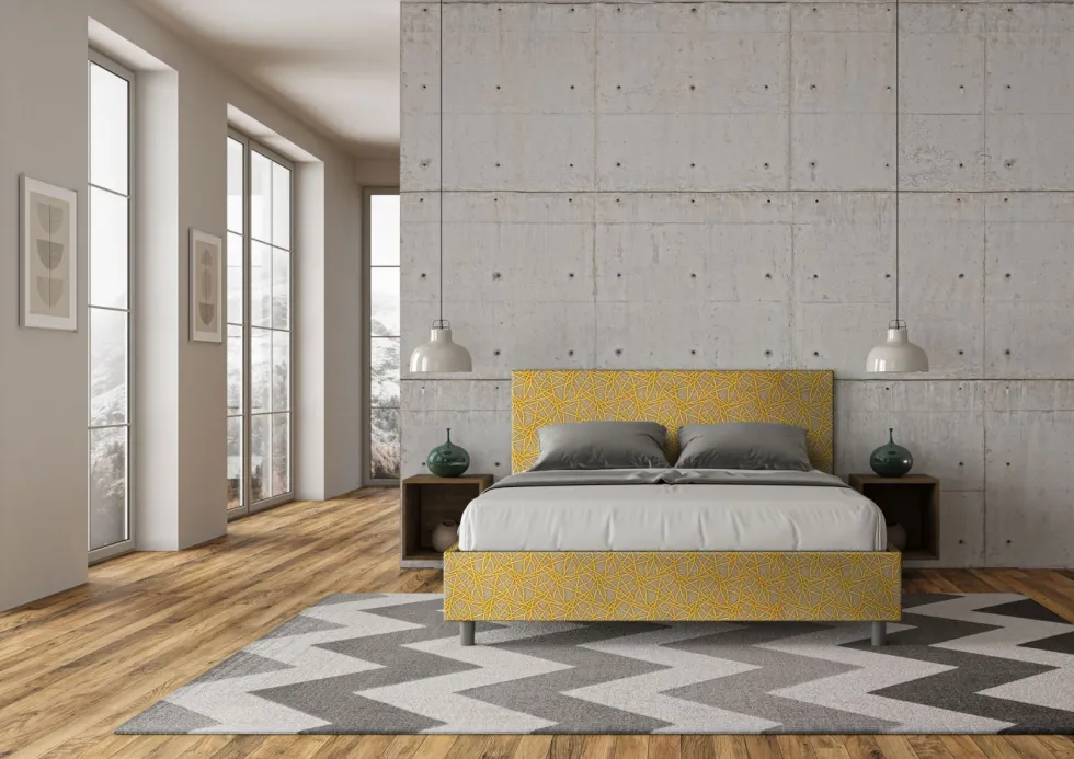 Letto 160x190cm matrimoniale con testiera imbottita in tessuto giallo LIT391