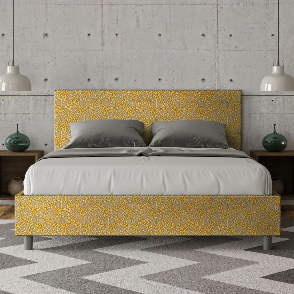 Letto 160x190cm matrimoniale con testiera imbottita in tessuto giallo LIT391