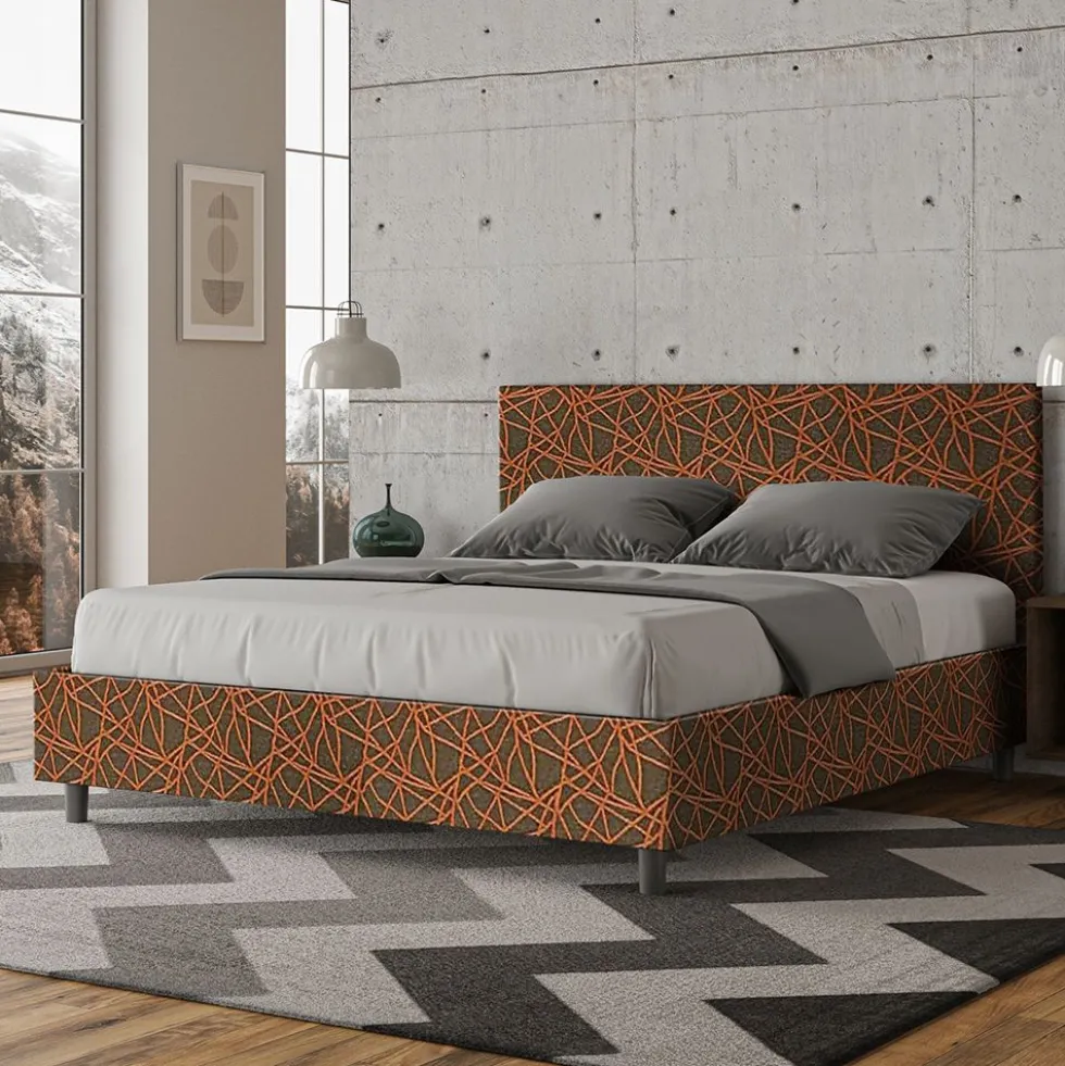 Letto 160x190cm matrimoniale con testiera imbottita in tessuto arancio LIT391