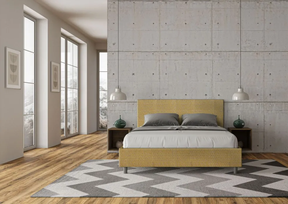 Letto 160x190cm matrimoniale con testiera imbottita in tessuto giallo LIT389