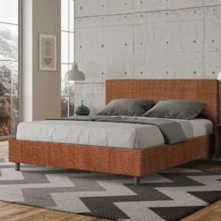 Letto 160x190cm matrimoniale con testiera imbottita in tessuto arancio LIT389