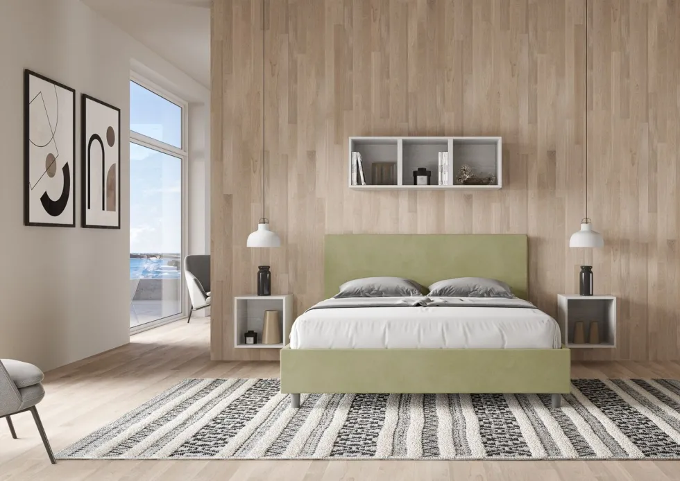 Letto 160x210cm matrimoniale con testiera imbottita in microfibra tè verde LIT407
