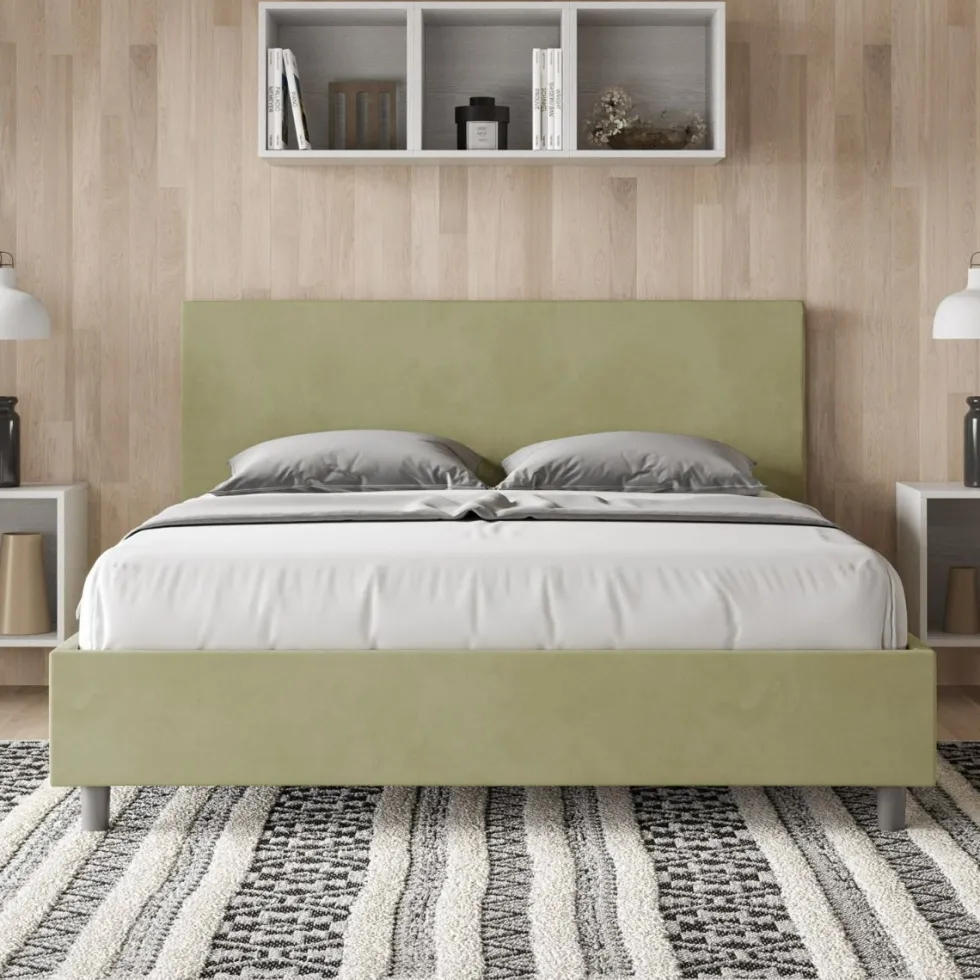 Letto 160x210cm matrimoniale con testiera imbottita in microfibra tè verde LIT407