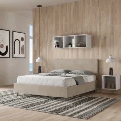 Letto 160x210cm matrimoniale con testiera imbottita in microfibra sabbia beige LIT407