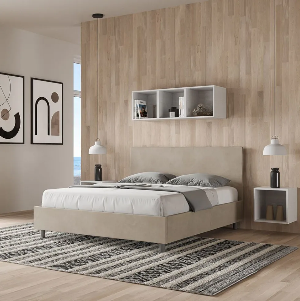 Letto 160x210cm matrimoniale con testiera imbottita in microfibra sabbia beige LIT407