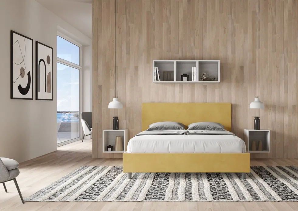 Letto 160x210cm matrimoniale con testiera imbottita in microfibra ocra LIT407