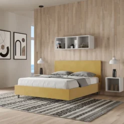 Letto 160x210cm matrimoniale con testiera imbottita in microfibra ocra LIT407