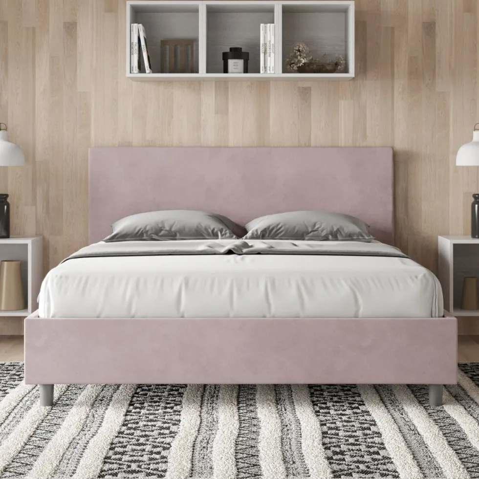 Letto 160x210cm matrimoniale con testiera imbottita in microfibra glicine lilla LIT407