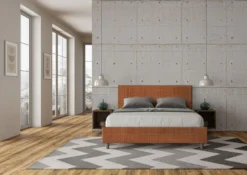 Letto 160x210cm matrimoniale con testiera imbottita in tessuto arancio LIT409
