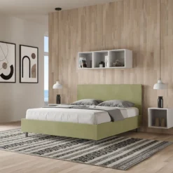 Letto 160x190cm matrimoniale con testiera imbottita in microfibra tè verde LIT387