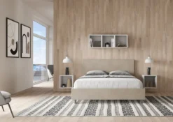Letto 160x190cm matrimoniale con testiera imbottita in microfibra sabbia beige LIT387