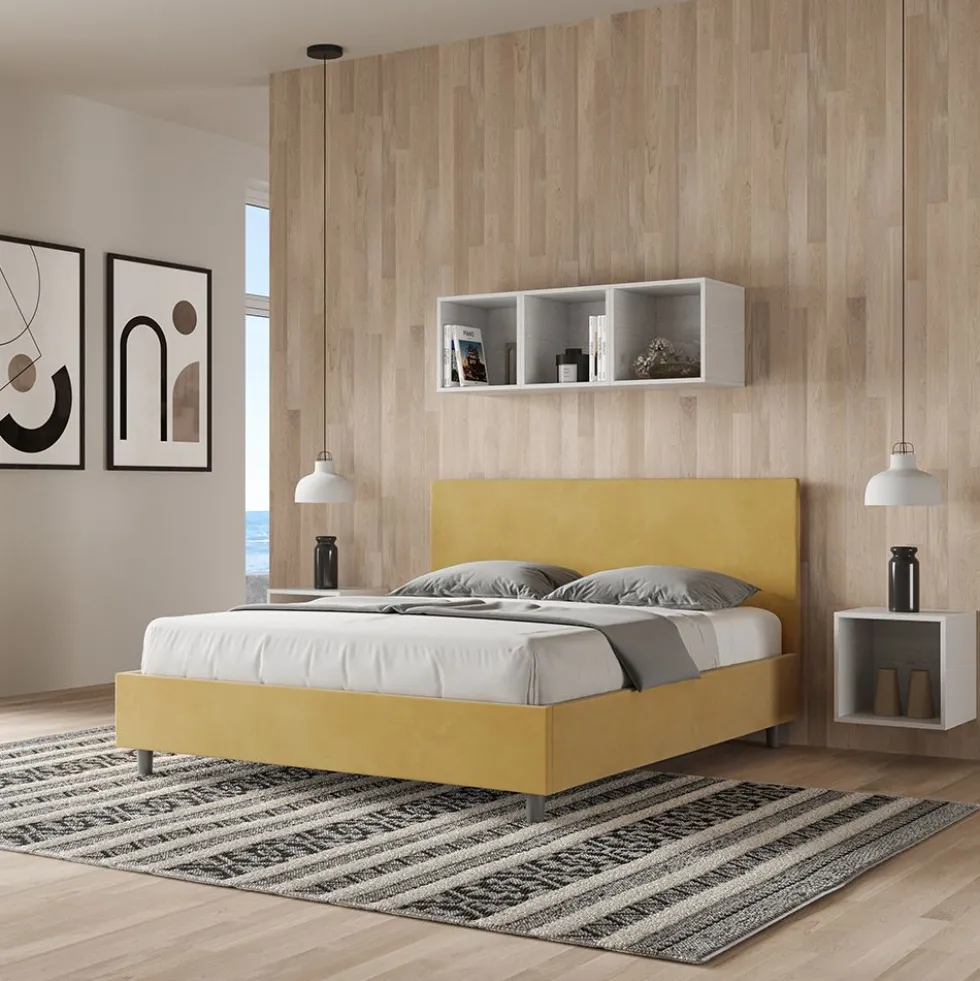 Letto 160x190cm matrimoniale con testiera imbottita in microfibra ocra LIT387