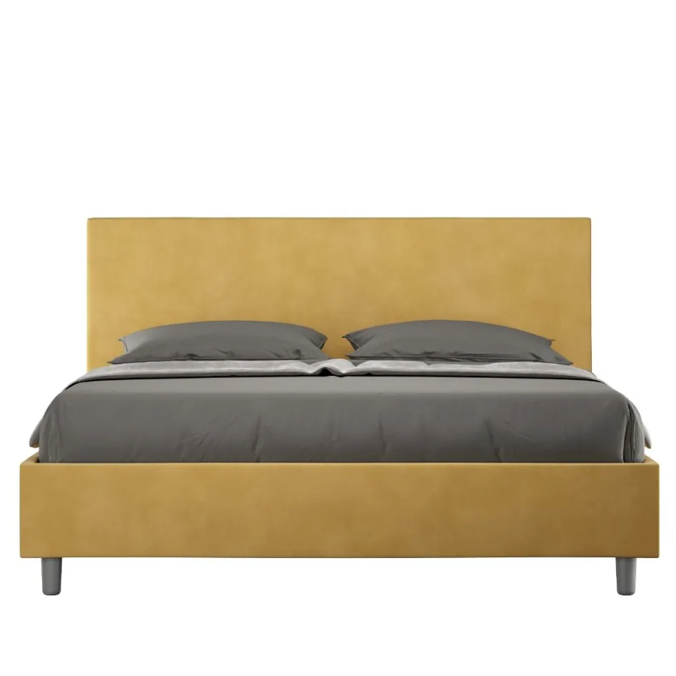 Letto 160x190cm matrimoniale con testiera imbottita in microfibra ocra LIT387