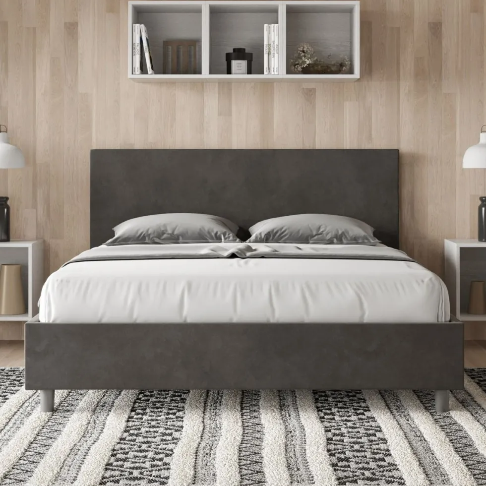 Letto 160x190cm matrimoniale con testiera imbottita in microfibra grigio LIT387