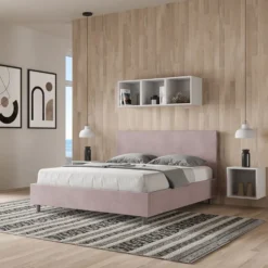 Letto 160x190cm matrimoniale con testiera imbottita in microfibra glicine lilla LIT387