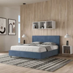 Letto 160x190cm matrimoniale con testiera imbottita in microfibra blu LIT387
