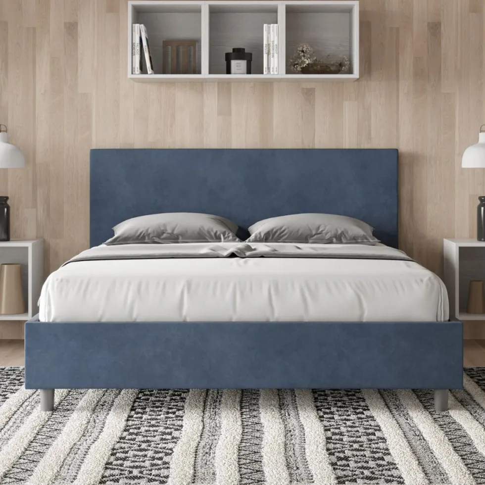 Letto 160x190cm matrimoniale con testiera imbottita in microfibra blu LIT387