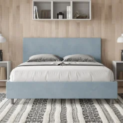 Letto 160x190cm matrimoniale con testiera imbottita in microfibra azzurro LIT387