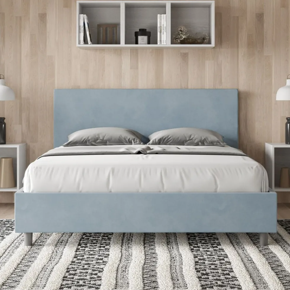 Letto 160x190cm matrimoniale con testiera imbottita in microfibra azzurro LIT387