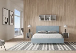 Letto 160x190cm matrimoniale con testiera imbottita in microfibra azzurro LIT387