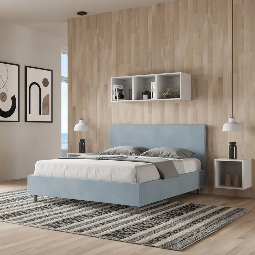 Letto 160x190cm matrimoniale con testiera imbottita in microfibra azzurro LIT387