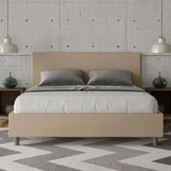 Letto 160x210cm matrimoniale con testiera imbottita in similpelle tortora LIT405