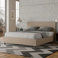 Letto 160x190cm matrimoniale con testiera imbottita in similpelle tortora LIT385