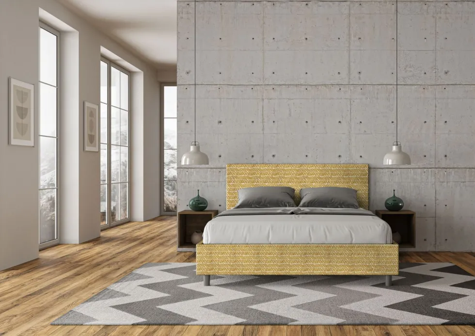 Letto 160x190cm matrimoniale con testata imbottita in tessuto giallo LIT393