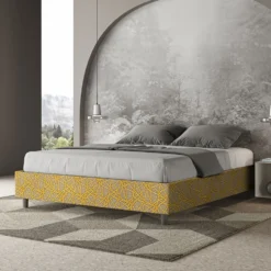Letto 160x210cm matrimoniale sommier in tessuto giallo LIT381
