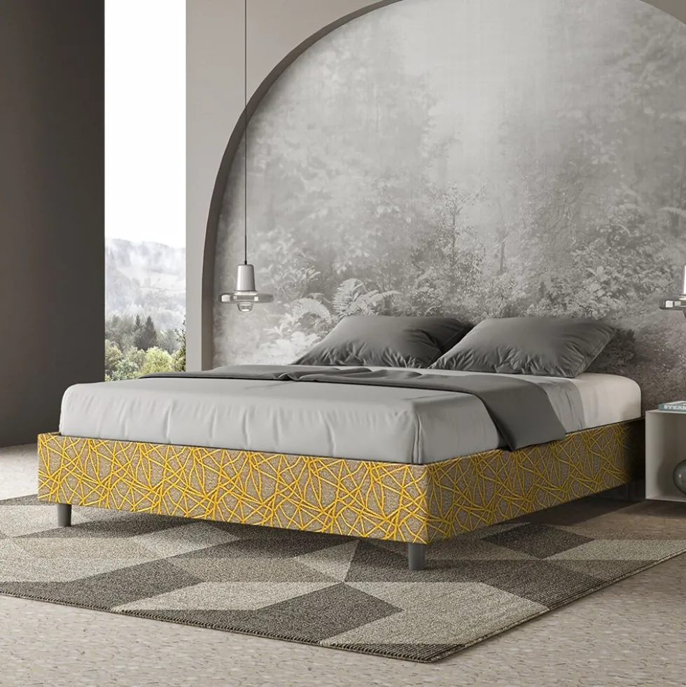 Letto 160x210cm matrimoniale sommier in tessuto giallo LIT381