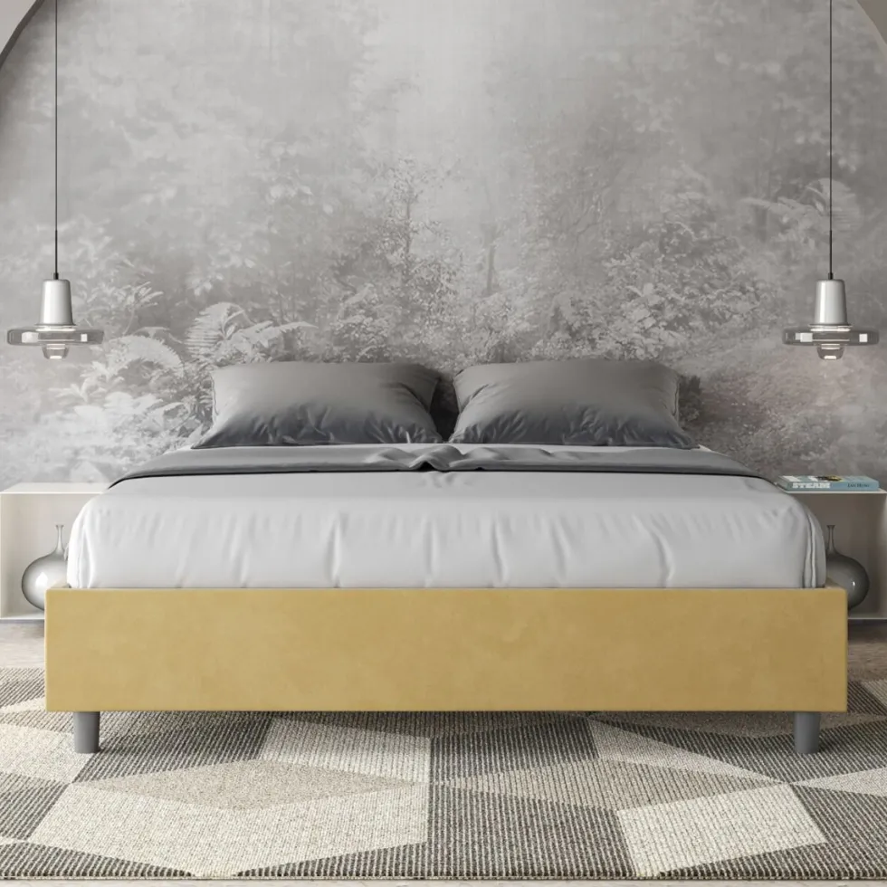 Letto 160x210cm matrimoniale sommier in microfibra ocra LIT377