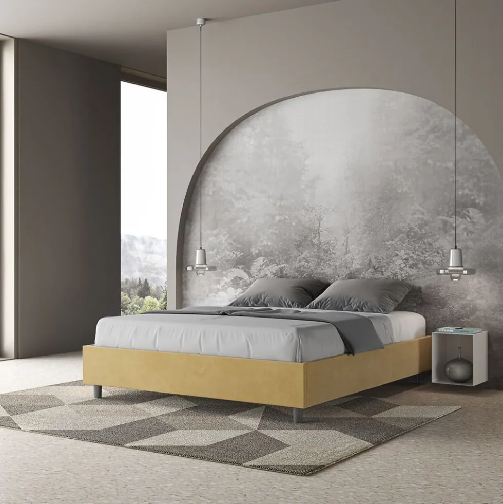 Letto 160x210cm matrimoniale sommier in microfibra ocra LIT377