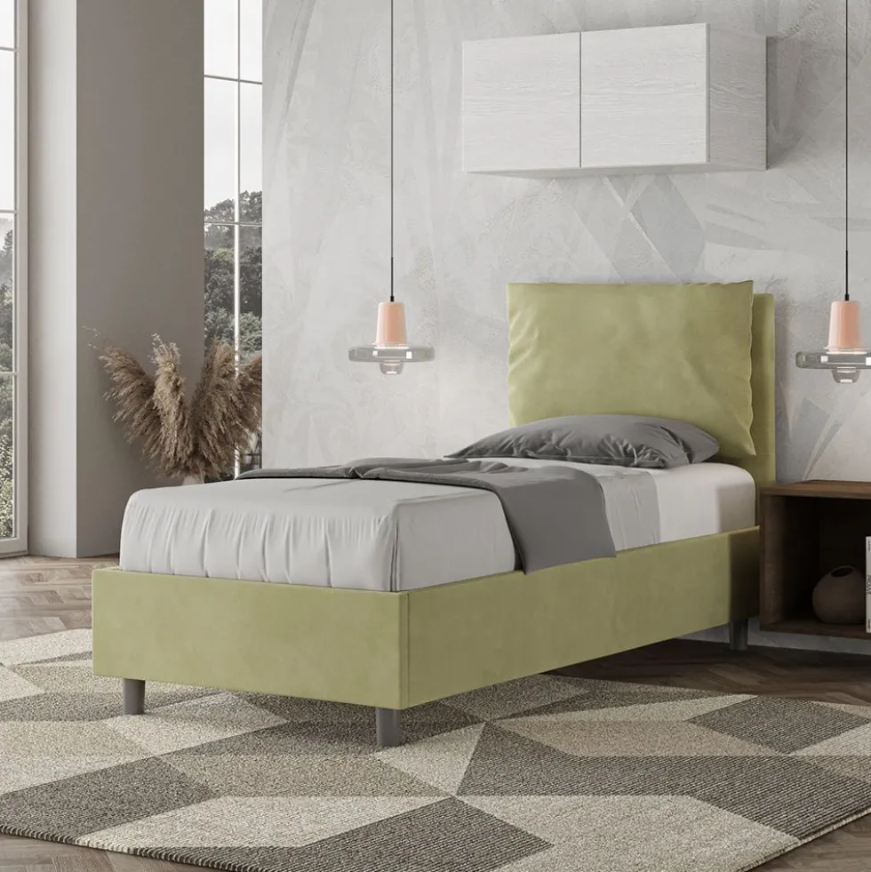 Letto 80x210cm singolo con giroletto imbottito in microfibra tè verde LIT35