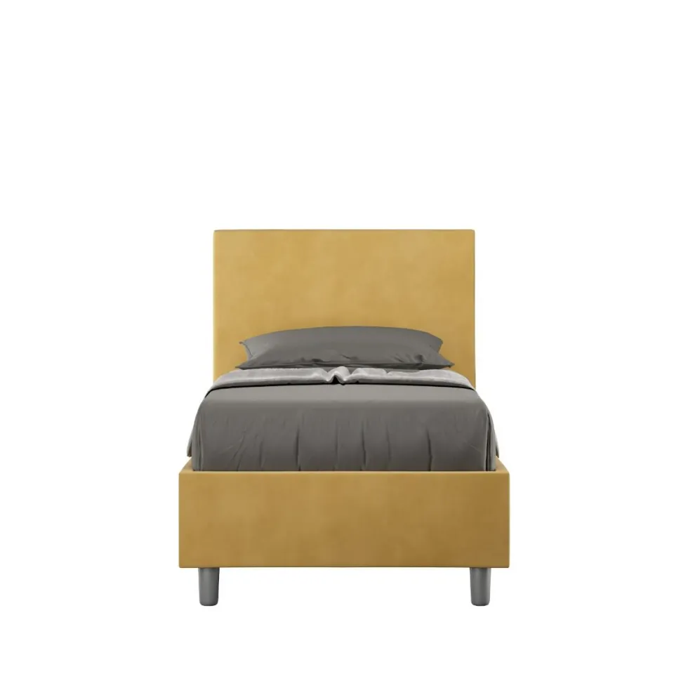 Letto 80x190cm singolo contenitore con testiera liscia in microfibra ocra LIT16