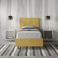 Letto 80x190cm singolo contenitore con testiera liscia in microfibra ocra LIT16