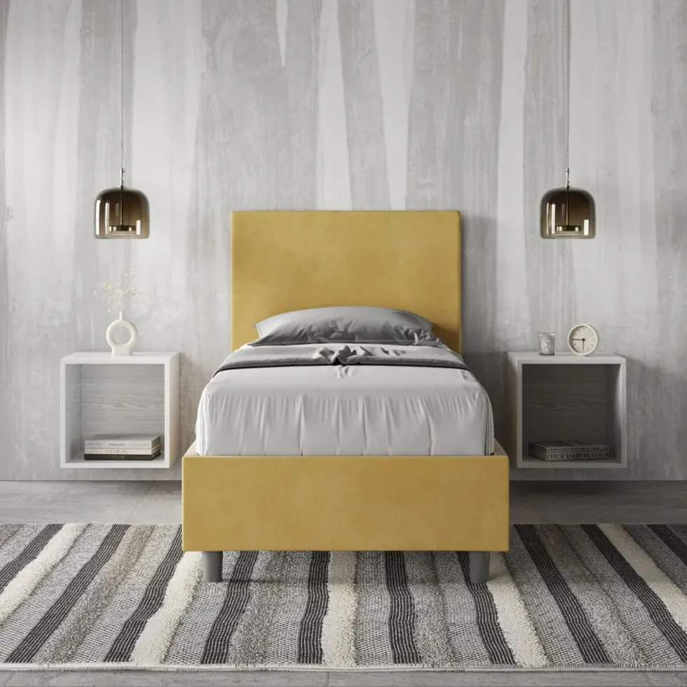 Letto 80x190cm singolo contenitore con testiera liscia in microfibra ocra LIT16