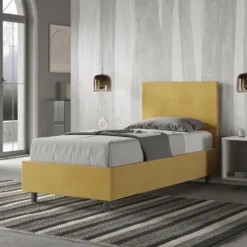 Letto 80x190cm singolo contenitore con testiera liscia in microfibra ocra LIT16