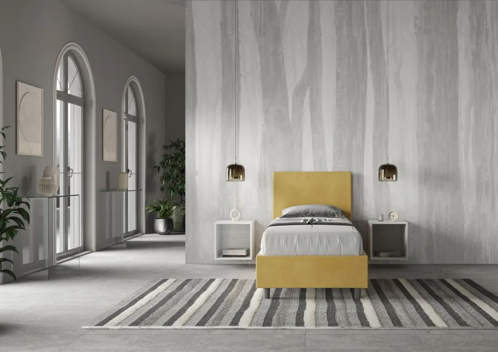 Letto 80x190cm singolo contenitore con testiera liscia in microfibra ocra LIT16
