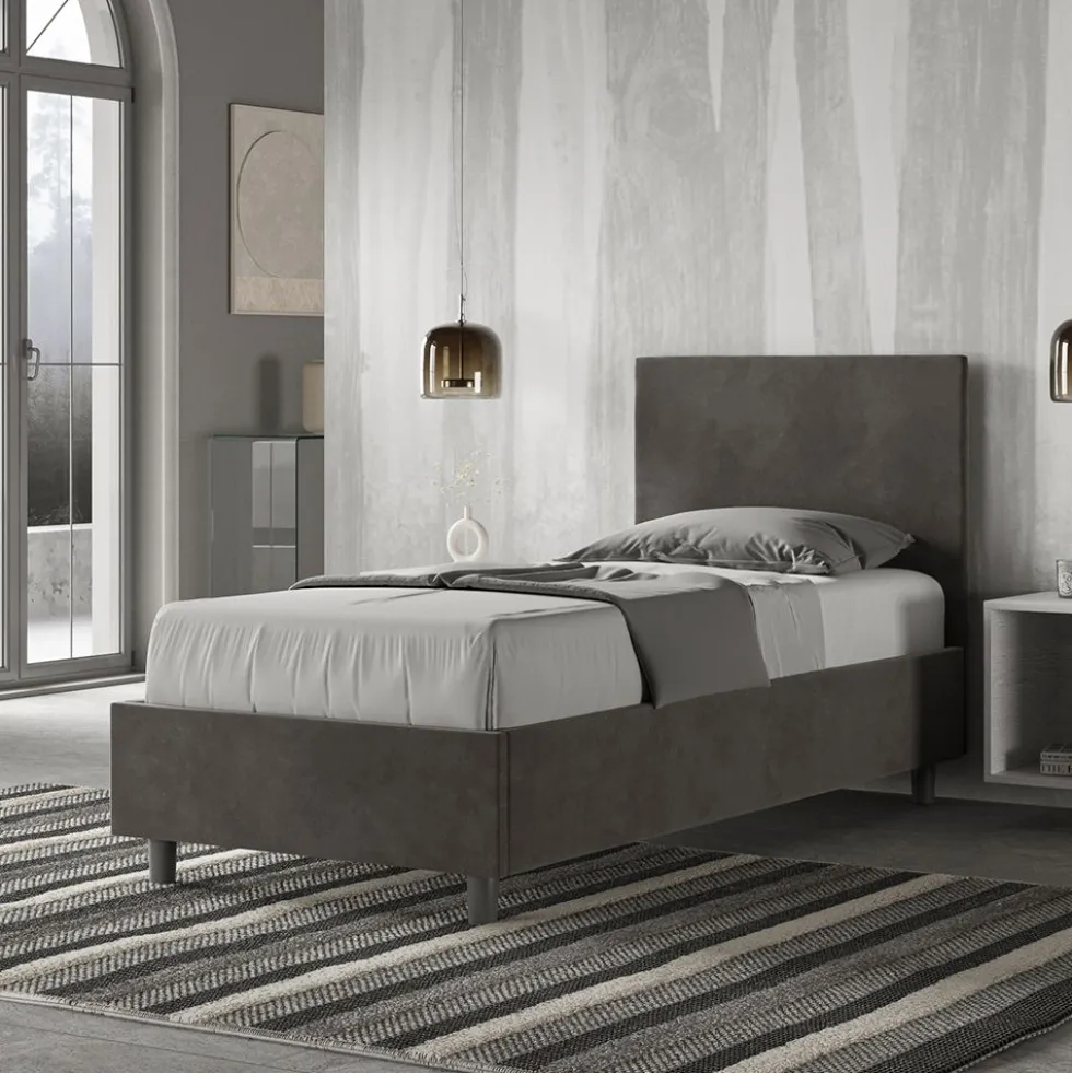 Letto 80x190cm singolo contenitore con testiera liscia in microfibra grigio LIT16