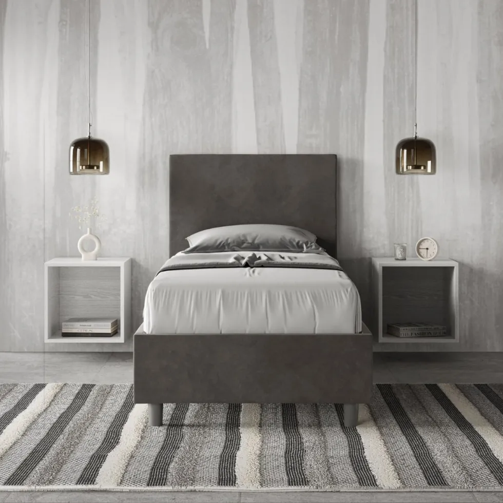 Letto 80x190cm singolo contenitore con testiera liscia in microfibra grigio LIT16