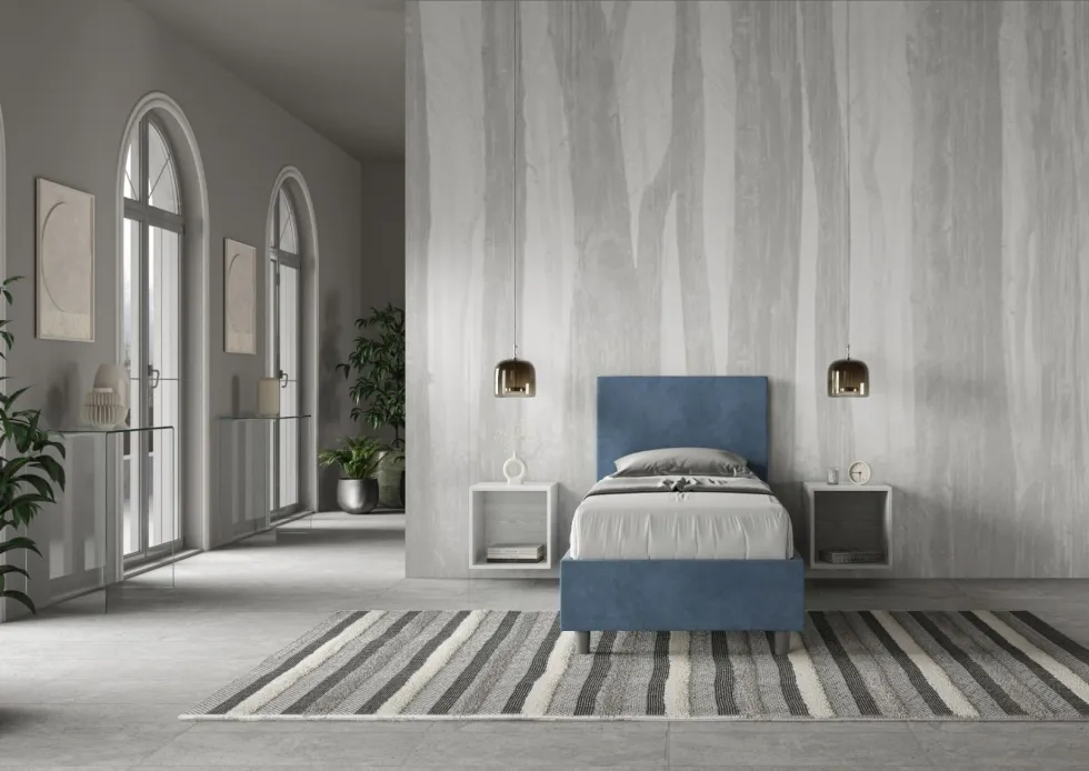 Letto 80x190cm singolo contenitore con testiera liscia in microfibra blu LIT16