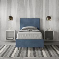 Letto 80x190cm singolo contenitore con testiera liscia in microfibra blu LIT16
