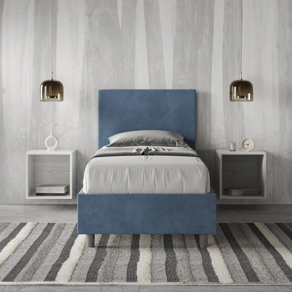 Letto 80x190cm singolo contenitore con testiera liscia in microfibra blu LIT16