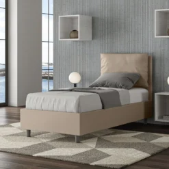 Letto 80x190cm singolo contenitore con giroletto imbottito in similpelle tortora LIT26