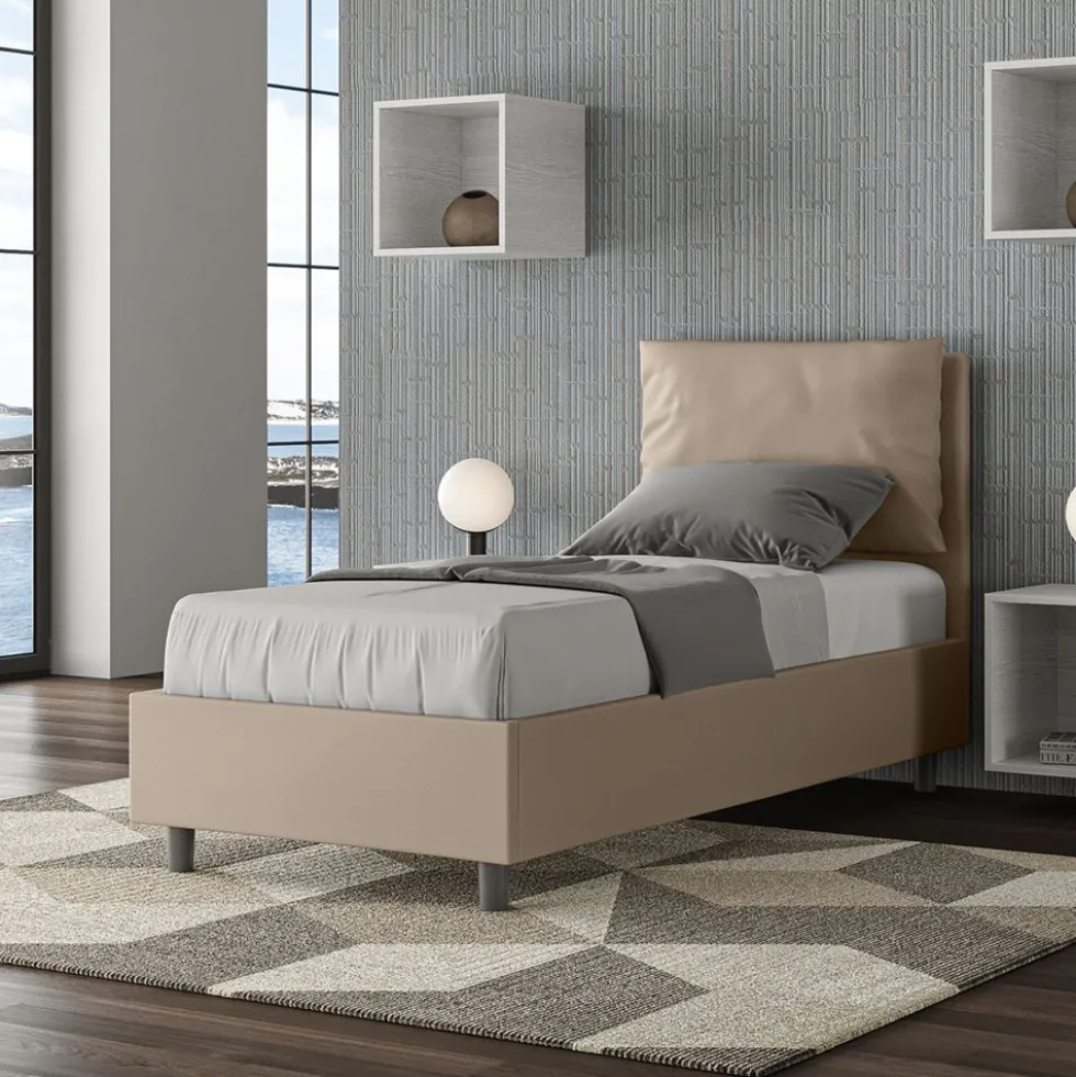 Letto 80x190cm singolo contenitore con giroletto imbottito in similpelle tortora LIT26